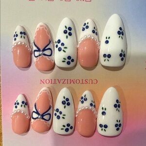 Blueberries , pearls and Bows handmade press on Nail Art Set